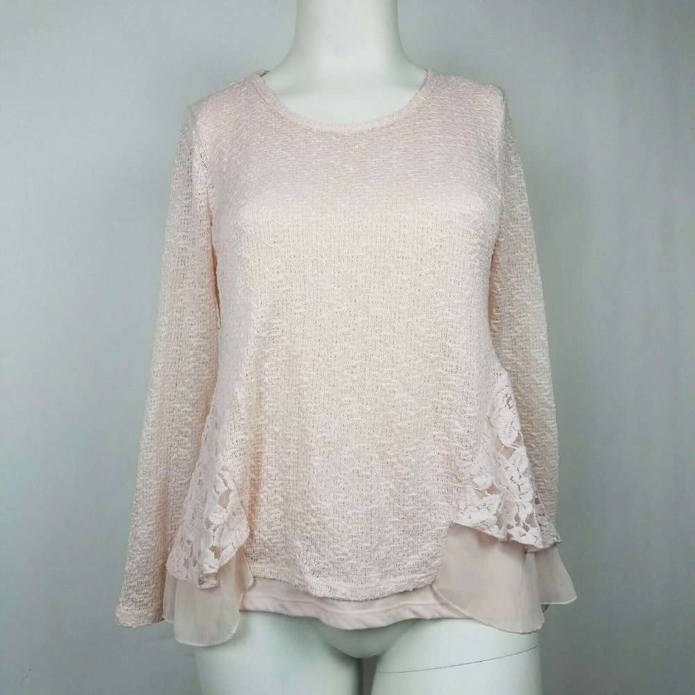 Style & Co Womens Sweater Pink Lace Inset Size L